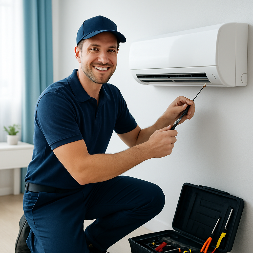 Uniformed technician repairing a home air conditioner
